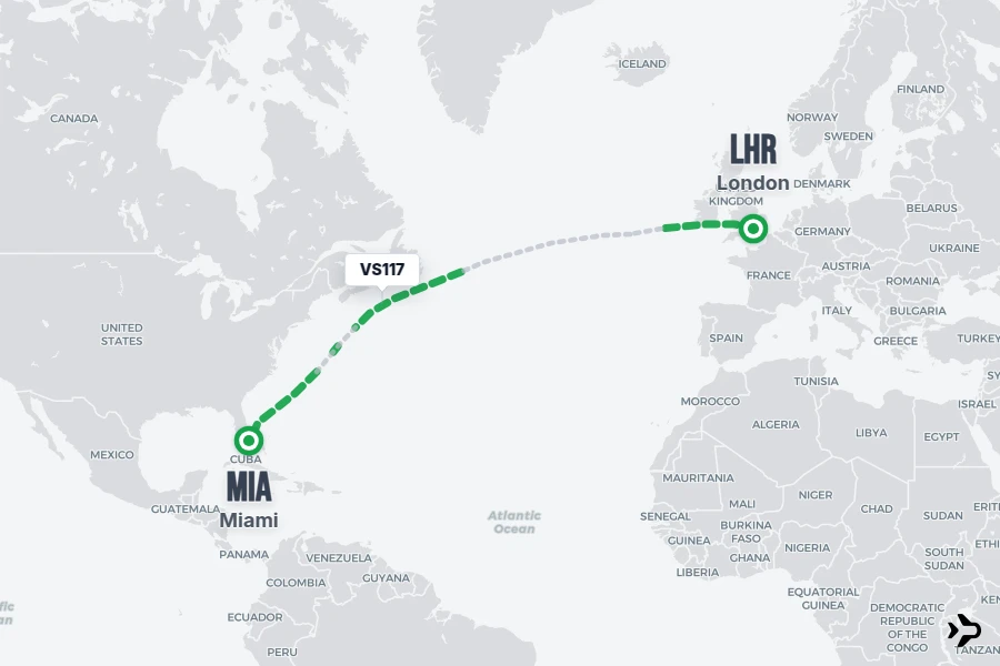 VS117 flight map from LHR to MIA