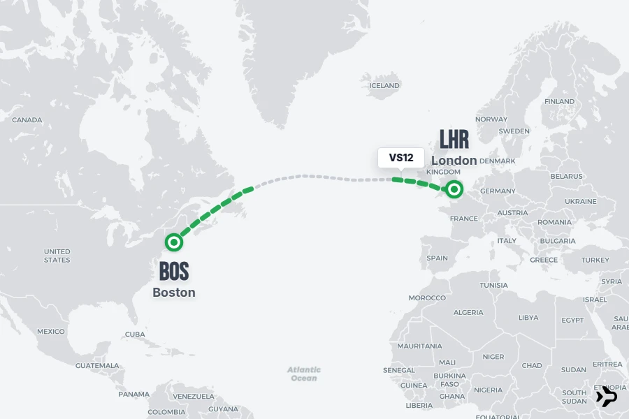 VS12 flight map from BOS to LHR