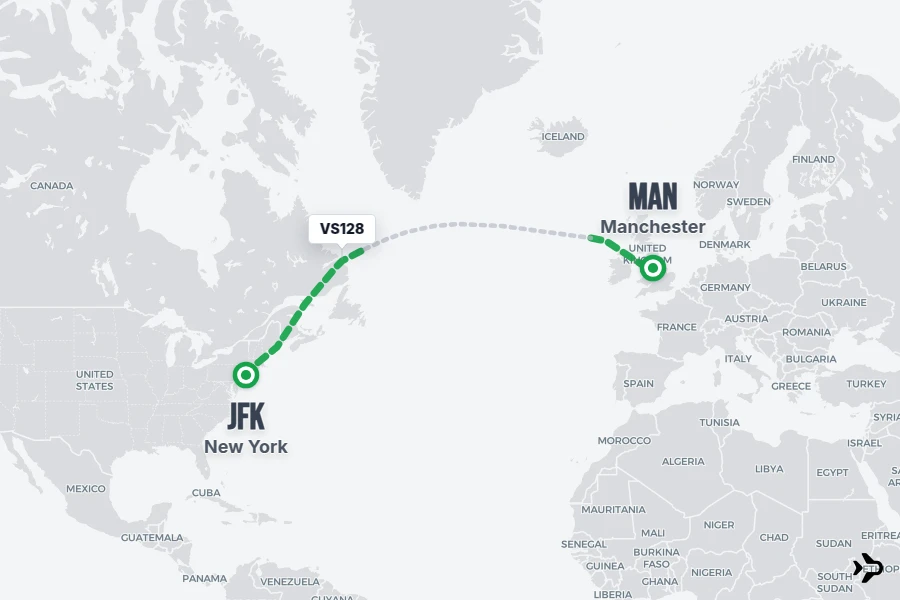 VS128 flight map from JFK to MAN
