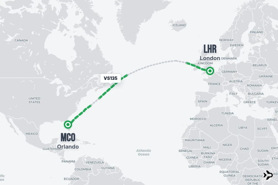 VS135 flight map from LHR to MCO