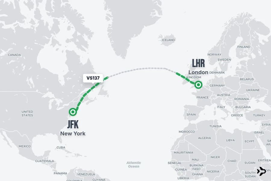 VS137 flight map from LHR to JFK