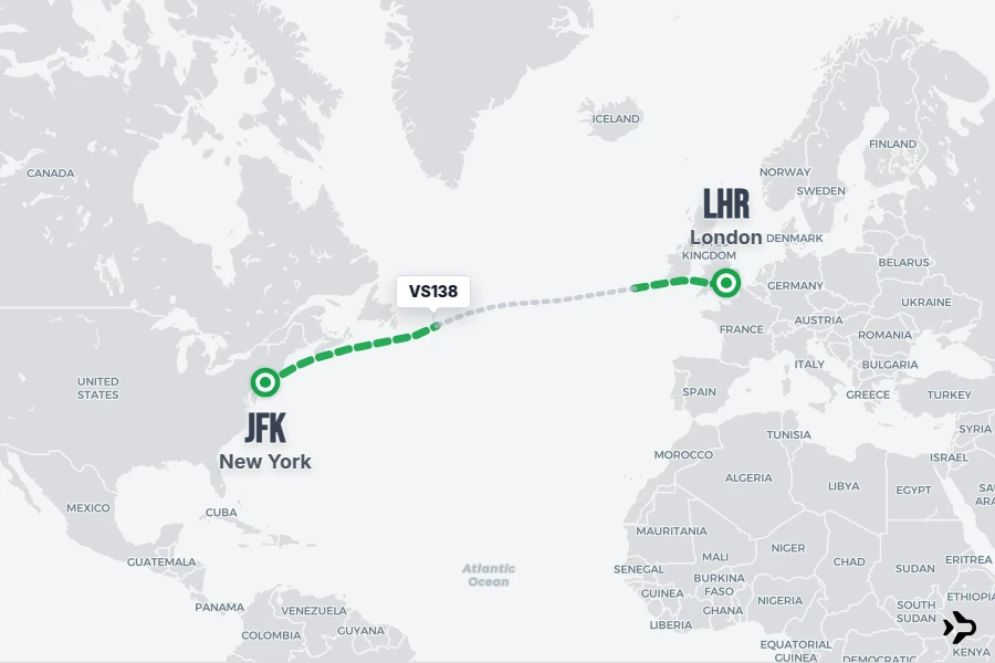 VS138 flight map from JFK to LHR