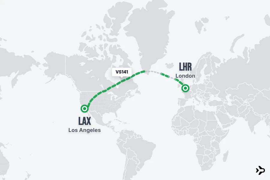 VS141 flight map from LHR to LAX