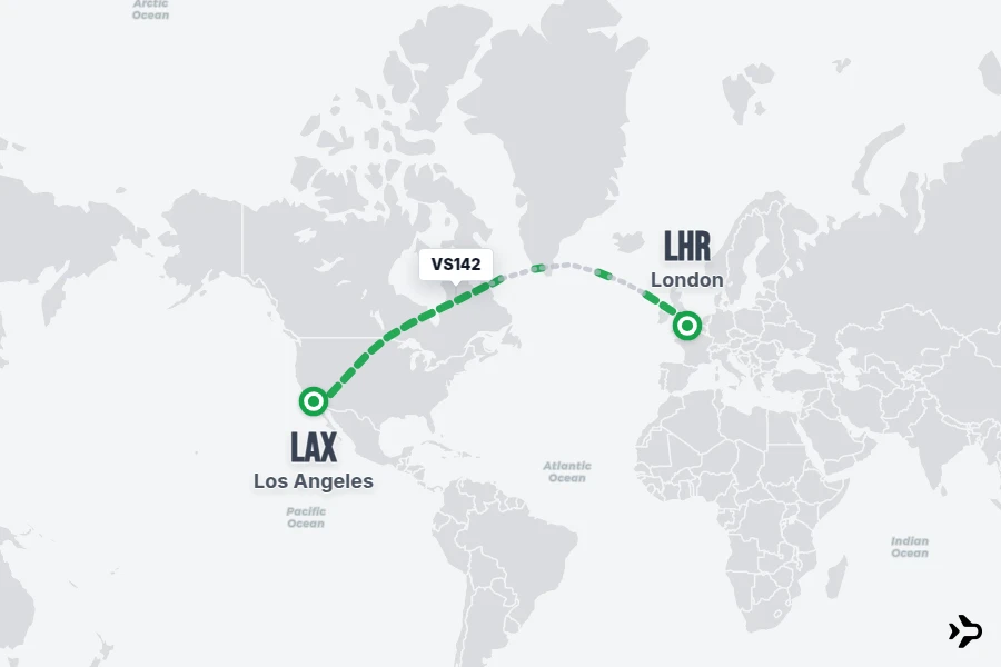 VS142 flight map from LAX to LHR