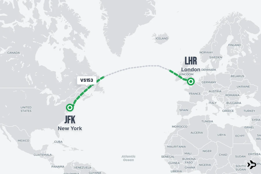 VS153 flight map from LHR to JFK