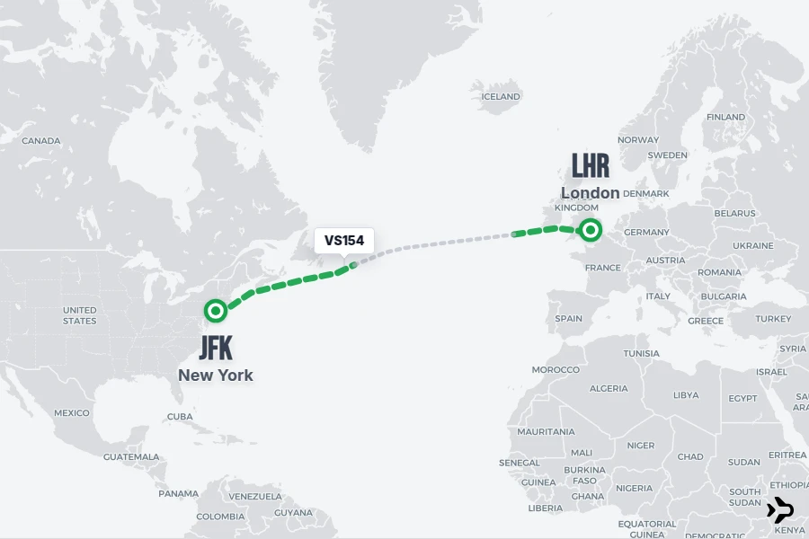 VS154 flight map from JFK to LHR