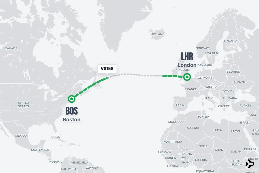 VS158 flight map from BOS to LHR