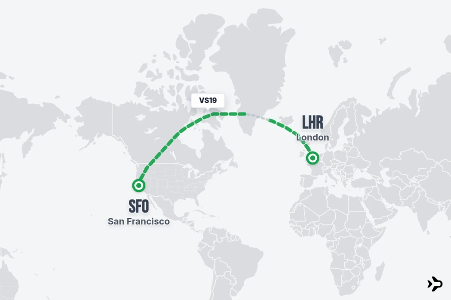 VS19 flight map from LHR to SFO