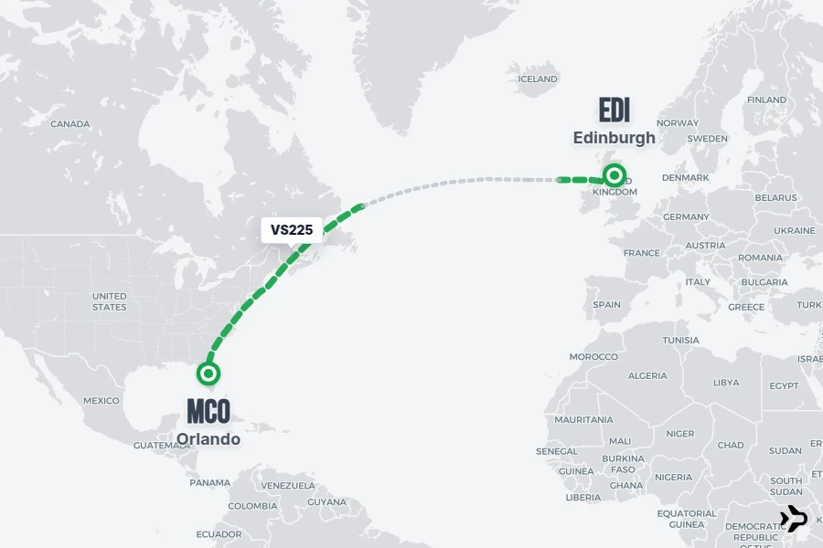 VS225 flight map from EDI to MCO