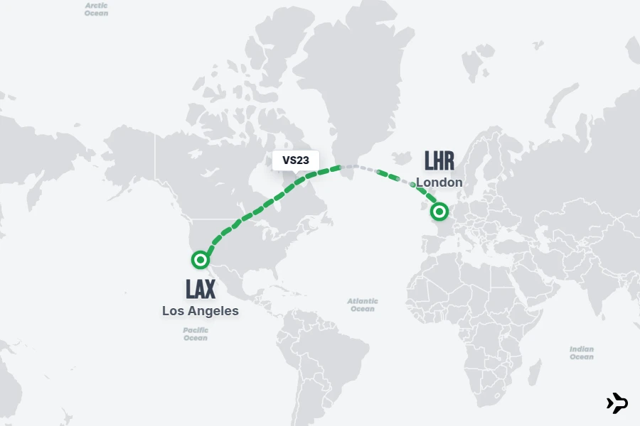 VS23 flight map from LHR to LAX