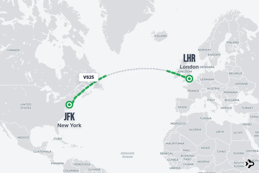 VS25 flight map from LHR to JFK