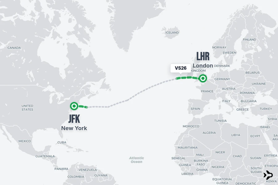 VS26 flight map from JFK to LHR