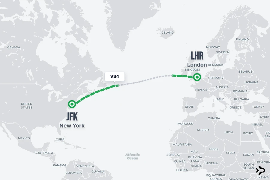 VS4 flight map from JFK to LHR