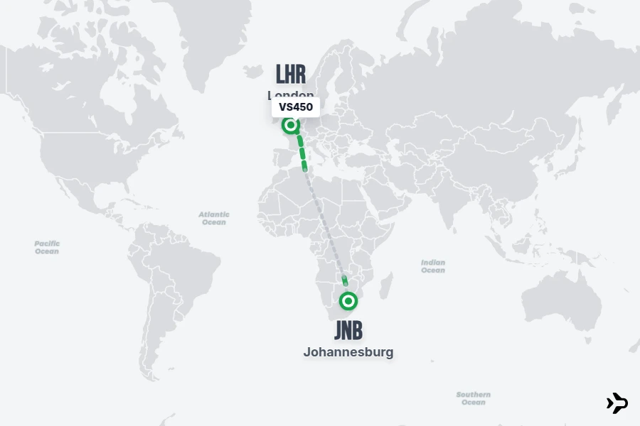 VS450 flight map from JNB to LHR