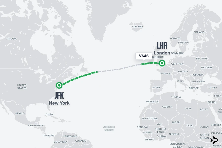 VS46 flight map from JFK to LHR