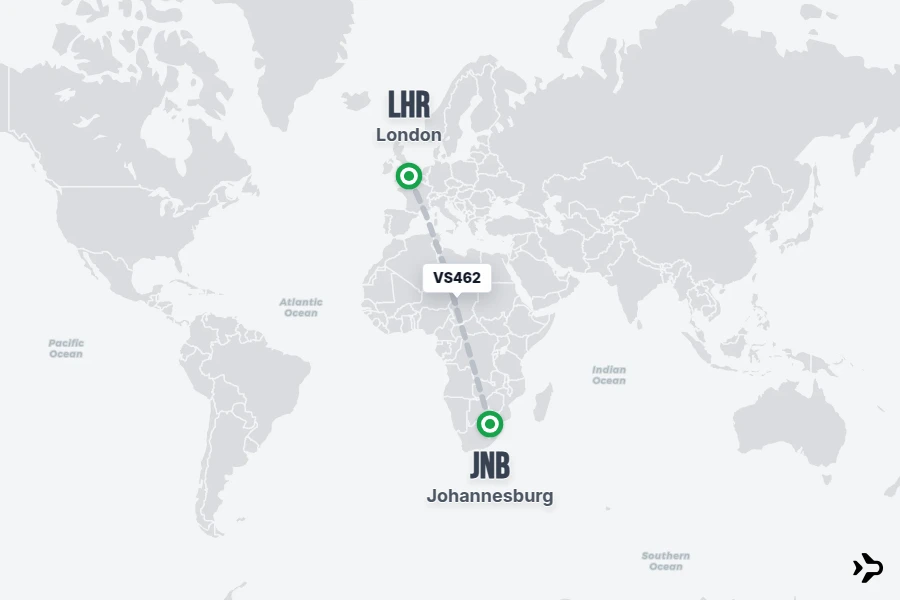 VS462 flight map from JNB to LHR