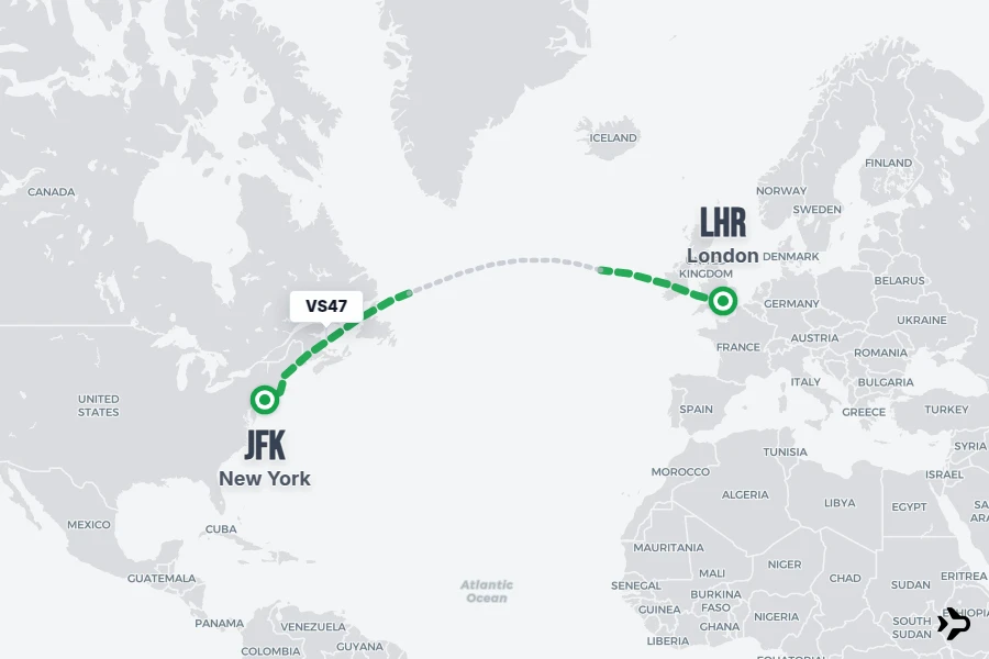 VS47 flight map from LHR to JFK