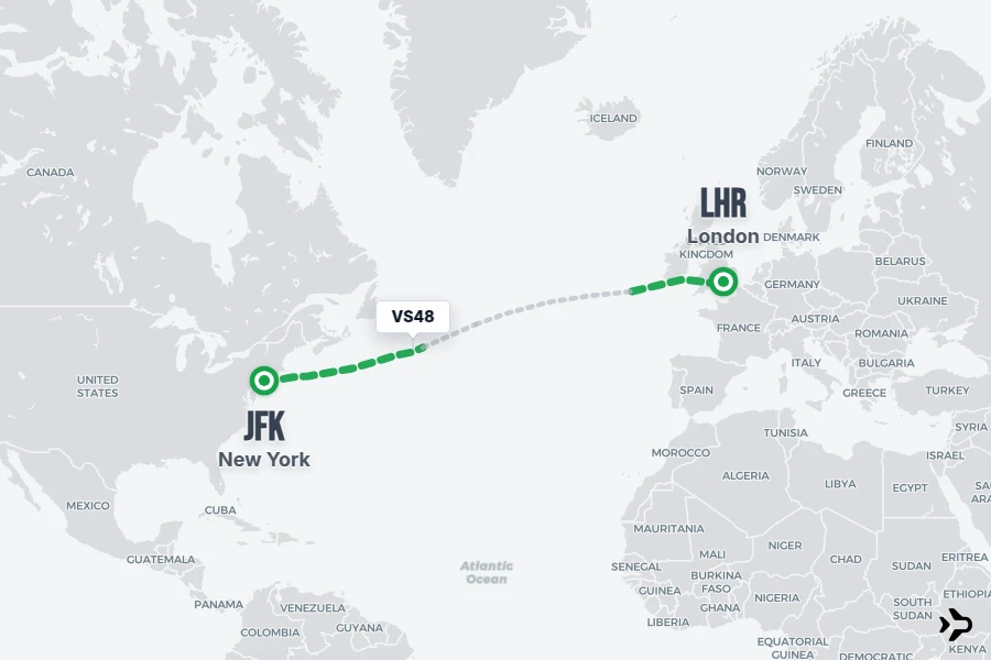 VS48 flight map from JFK to LHR