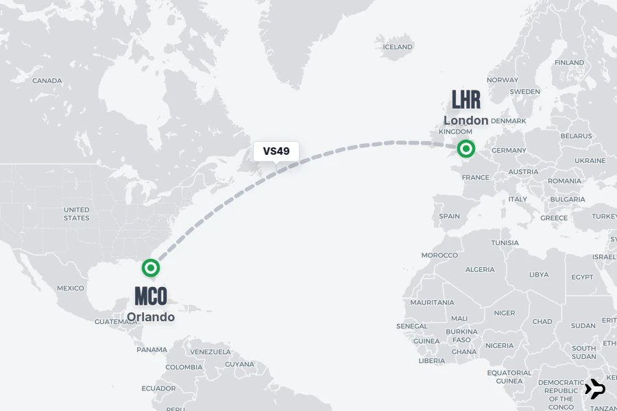 VS49 flight map from LHR to MCO