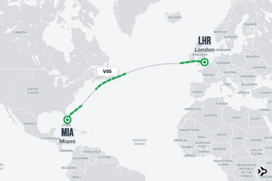 VS5 flight map from LHR to MIA