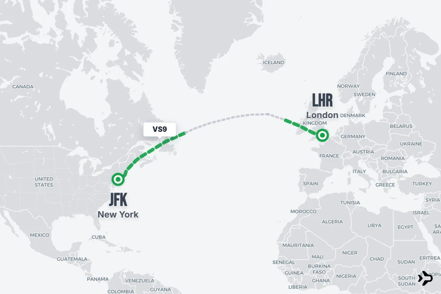 VS9 flight map from LHR to JFK