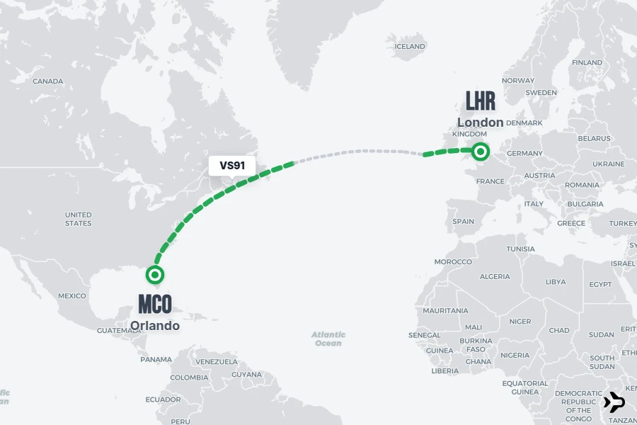 VS91 flight map from LHR to MCO