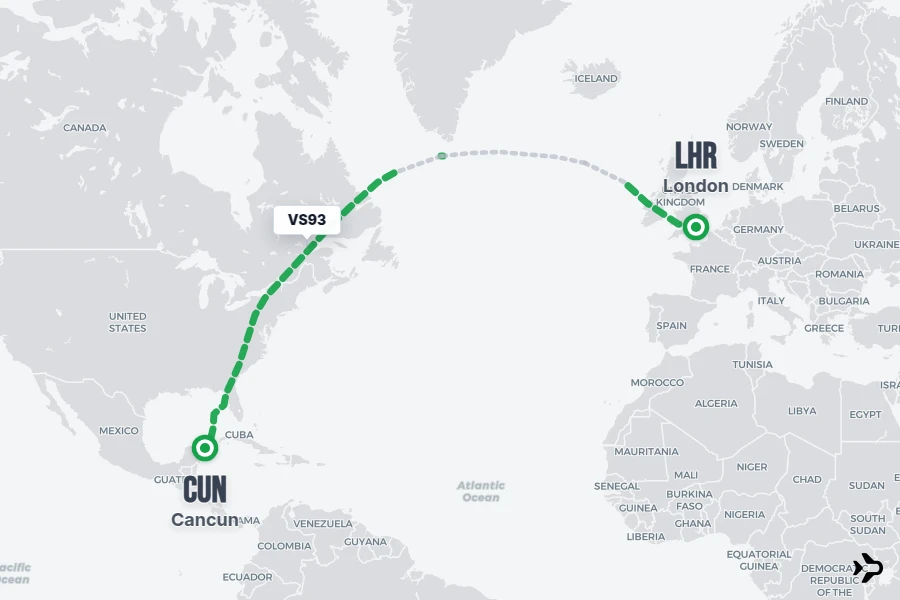 VS93 flight map from LHR to CUN