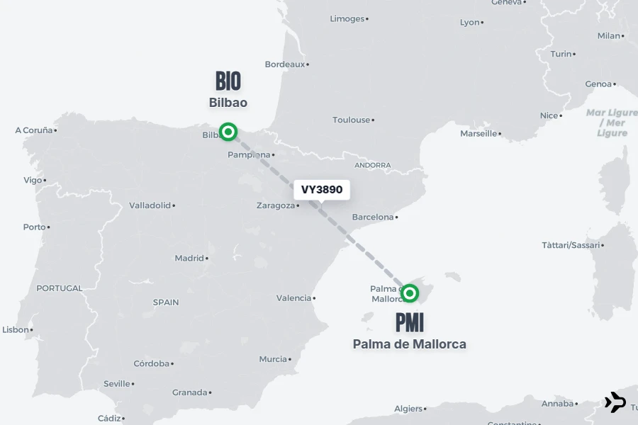 VY3890 flight map from PMI to BIO