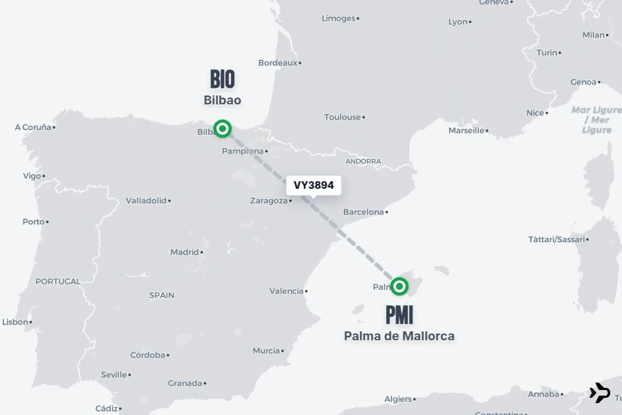 VY3894 flight map from PMI to BIO