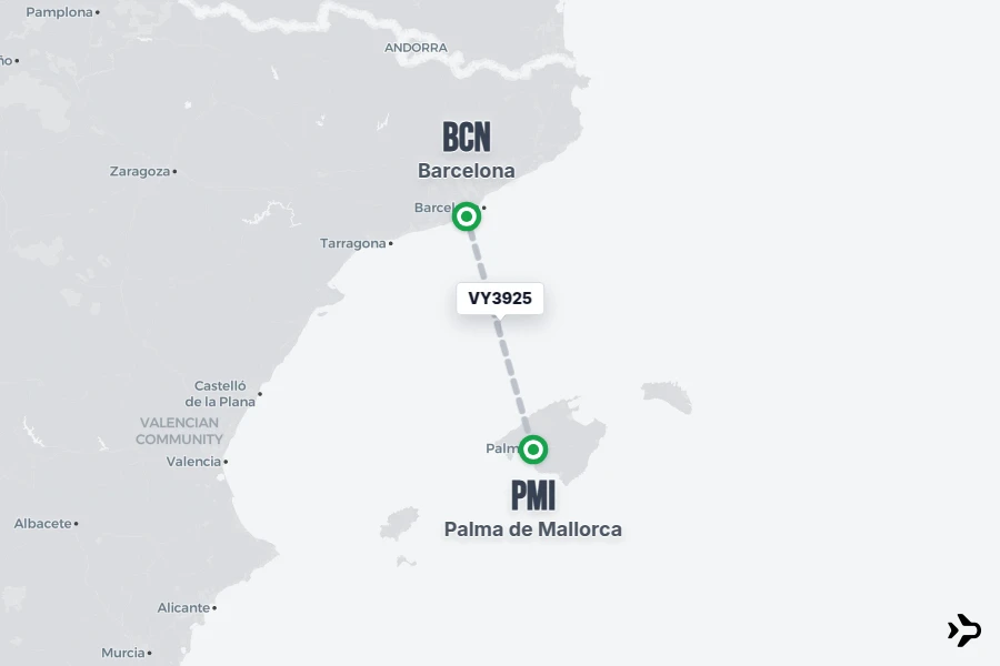 VY3925 flight map from PMI to BCN