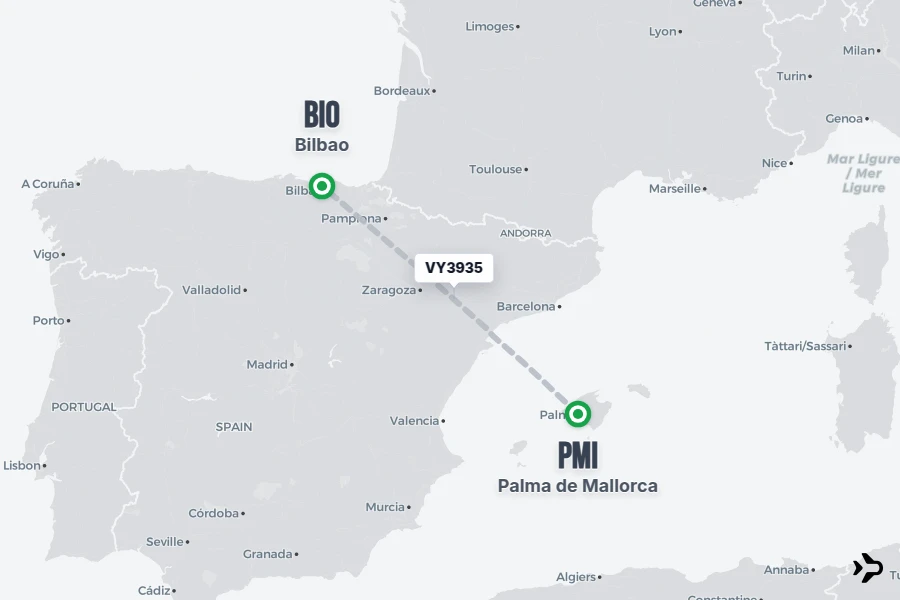 VY3935 flight map from PMI to BIO