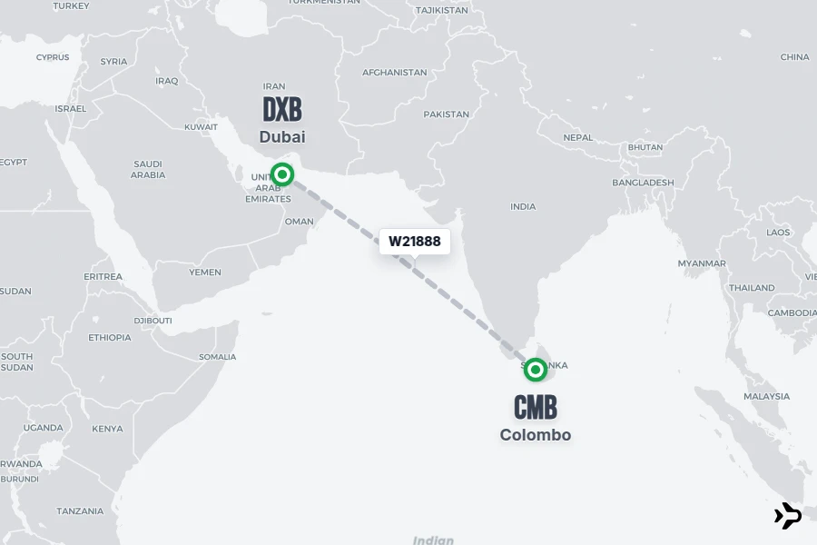 W21888 flight map from CMB to DXB