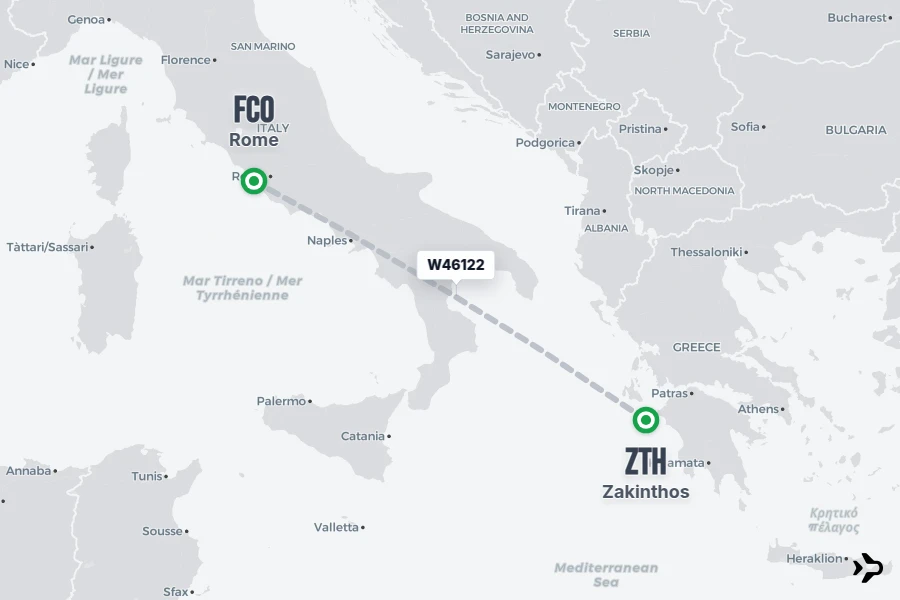 W46122 flight map from ZTH to FCO