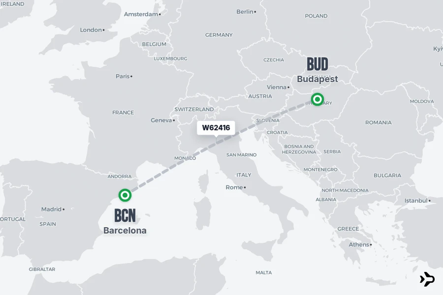 W62416 flight map from BCN to BUD