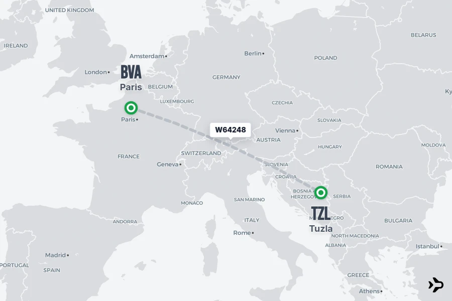 W64248 flight map from BVA to TZL