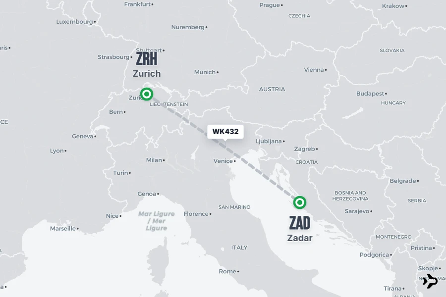 WK432 flight map from ZRH to ZAD