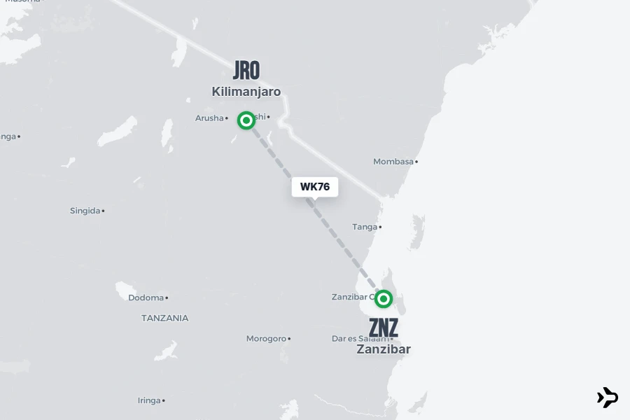 WK76 flight map from JRO to ZNZ