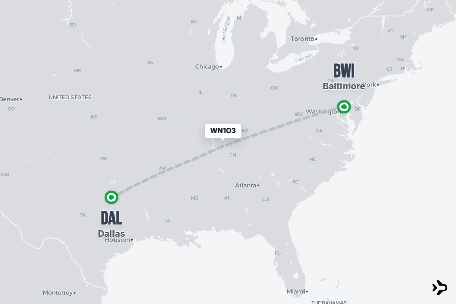 WN103 flight map from BWI to DAL