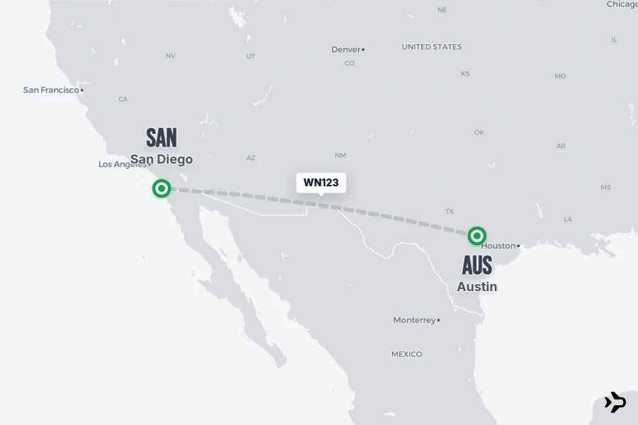 WN123 flight map from AUS to SAN