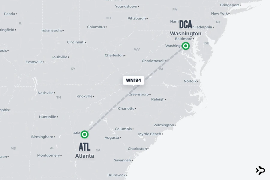 WN194 flight map from DCA to ATL