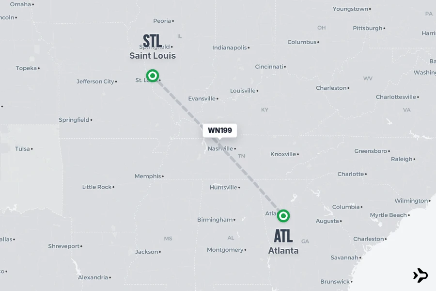 WN199 flight map from STL to ATL