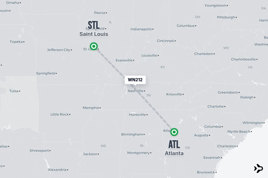 WN212 flight map from STL to ATL