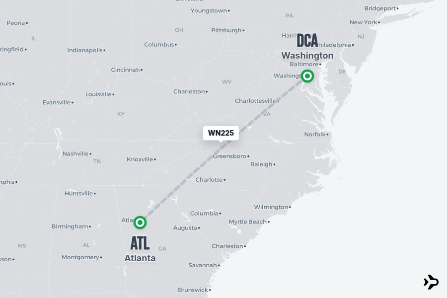 WN225 flight map from DCA to ATL
