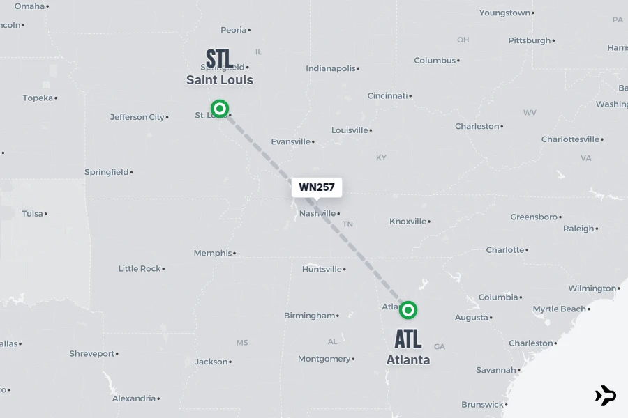 WN257 flight map from STL to ATL