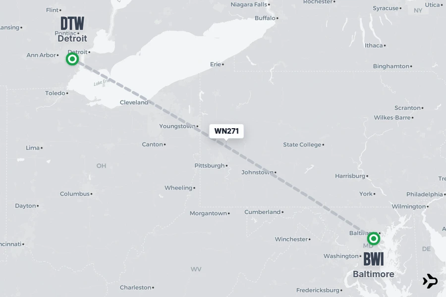 WN271 flight map from BWI to DTW