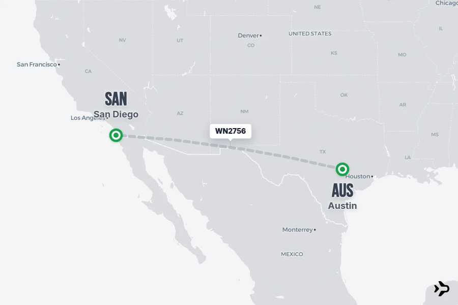 WN2756 flight map from AUS to SAN