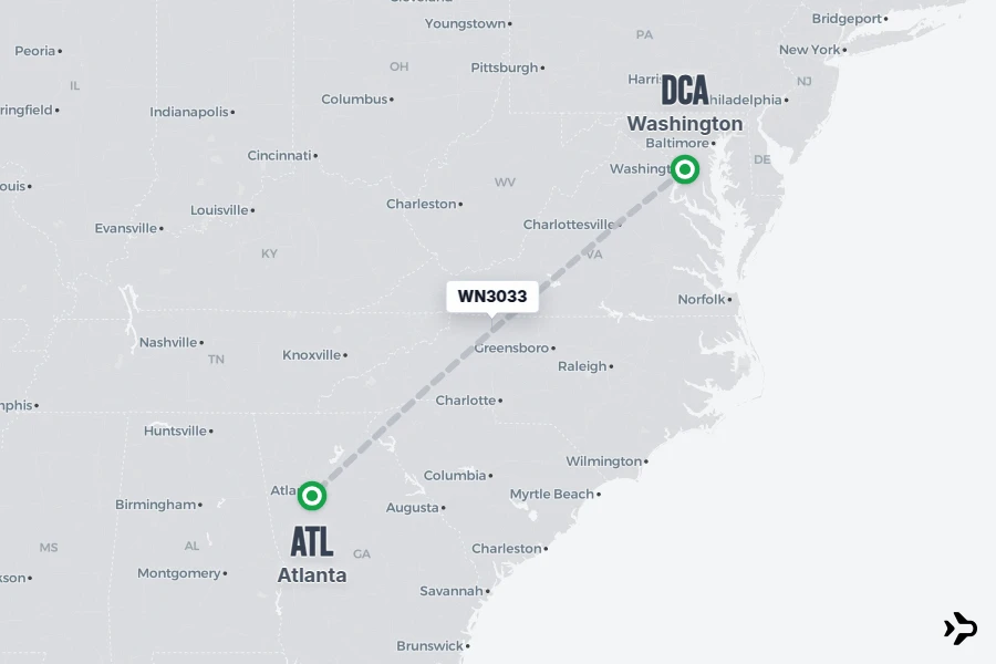 WN3033 flight map from DCA to ATL