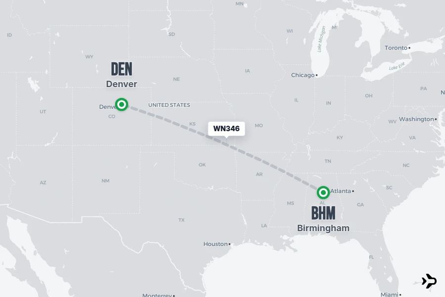 WN346 flight map from BHM to DEN