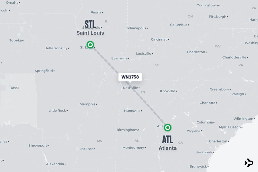 WN3758 flight map from STL to ATL