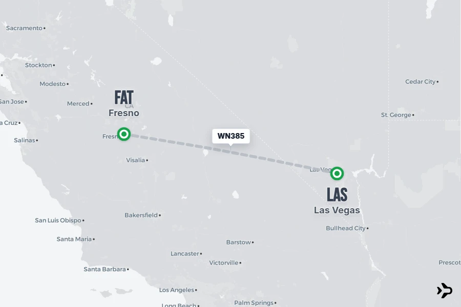 WN385 flight map from LAS to FAT